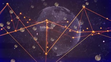 Belirsiz bir küre belirdi ve B jetonları yörüngede dönmeye başladı ve kod şifreleme ağını temsil ediyor. Kripto para birimi, engelleme zinciri, dijital, fütüristik, ağ, finans, teknoloji