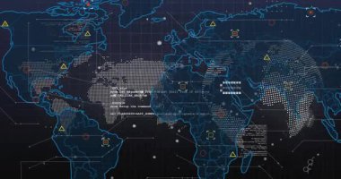 Canlandırma başlıyor, harita ve küre genişliyor, zayıflıyor, kod ve küresel veri akışı işaretlerini gösteriyor. Teknoloji, veri görselleştirme, ağ, analitik, siber, dijital, fütürist