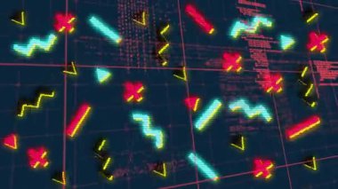 Donanma ızgarası açılıyor, ekranda sürüklenen neon şekiller akış kodu görüntüsü simülasyonu için çalıştırılıyor. Fütürist, siber, dijital, teknoloji, arayüz, canlı, soyut