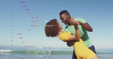 Çift el ele tutuşup, açık gökyüzünün altında sığ dalgalara dalmaya başlıyor. Seyahat romantizmini kutluyorlar. Aşk, çift, okyanus, sahil, dans, neşe, rahatlama