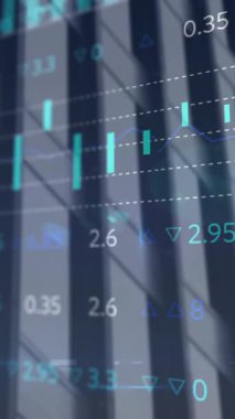 Animation of statistical and stock market data processing against tall building. Global economy and business technology concept