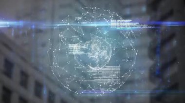 Açık olduğunda, beyaz veriler birleşerek dönen dijital küreye dönüşerek kod oluşturan bir ağ oluşturuyor. Holografik, dijital, geleceksel, ağ, teknoloji, siber, soyut