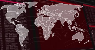 Haritanın ana hatları belirdi. Gri, kırmızı bg soluklaşması, kod kaydırması ve görüntü için büyü atışıyla doluyor. Coğrafi, veri görselleştirme, geleceksel, teknoloji, analitik, siber güvenlik, dijital arayüz