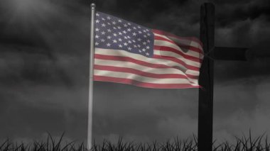 Şiddetli rüzgâr, gevşek ve karanlık eyaletten gelen Amerikan bayrağını dalgalanan kırmızı beyaz çizgileri çaprazlıyor. Vatanseverlik, esneklik, sembolizm, açık hava, karamsar, dinamik, miras.