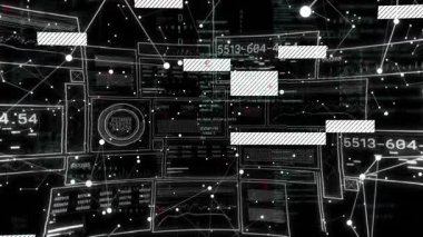 Beyaz düğümler atılıyor kaydırma çubukları başlatılıyor ve titreşimli kodlar sanal veri arayüzünü görüntülüyor. Fütürist, dijital, teknoloji, görselleştirme, arayüz, ağ, soyut