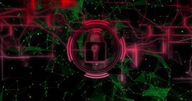 Parlak yeşil ağ sürükleniyor. Neon asma kilit açılıyor. Parıldayan ve değişen renkler güvenliği gösteriyor. Siber uzay, siber güvenlik, dijital, geleceksel, koruma, teknoloji, bağlantı