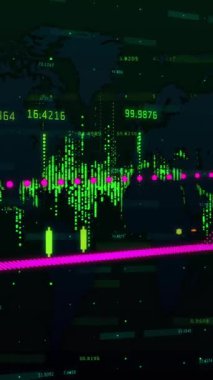 Finansal veriler ve borsa eğilimleri dünya haritası üzerinde animasyon. Maliye, ekonomi, küresel, yatırım, ticaret, analitik