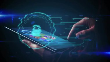 Elle tutma tableti, parmak yaklaştıkça kilitlenme girdap kübünün fırlatılmasına neden oluyor. Teknoloji, siber güvenlik, yenilik, dijital, fütüristik, veri, bağlantı