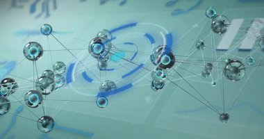 Dizi, bağlantıları görselleştiren düğümler olarak HUD halkaları ile küre ağının dönmesine neden oluyor. Teknoloji, fütürizm, veri, görselleştirme, dijital, yenilik, bağlantı