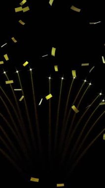 Siyah arka planda havai fişek ve konfeti animasyonu. Yeni yıl, gelenek ve kutlama konsepti dijital olarak oluşturuldu.