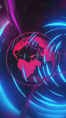 Parlak pembe ve mavi tüneldeki dönen küre ile dijital arayüzün animasyonu. Küresel teknoloji ve bağlantı ağı konsepti dijital olarak oluşturulmuş görüntü.