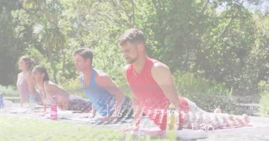 Yoga grubu ellerini paspaslara bastırıyor. Canlı zamanlayıcı ve kalp atış hızıyla kobra eğriliğine başlıyorlar. Spor, sağlık, açık hava, meditasyon, canlılık, dinginlik, sağlık