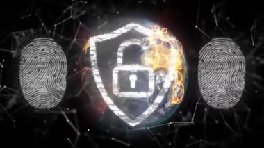 Toprak ağ şebekesinde dönüyor, veri akışı, kalkan ve asma kilit güvenliği simgeliyor. Siber uzay, siber güvenlik, dijital, koruma, şifreleme, yenilik, teknoloji