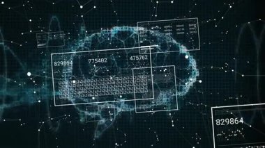 Sürüklenen çubuklar hologram beyin atımları, gök mavisi dalgalar, yapay zeka analizleri için veri panelleri. Teknoloji, yenilik, görselleştirme, veri, yapay zeka, dijital, gelecekçi