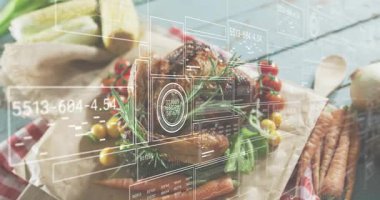 Beyaz ızgara ortaya çıkarken canlı analiz için kızarmış tavuğu sebzelerle kaplayın. Fütürist, analitik, gastroteknolojik, rustik, veri görselleştirmesi, aşçılık, dijital