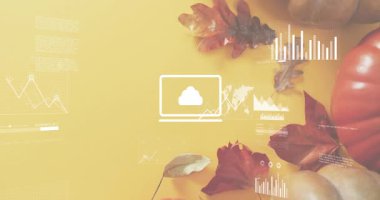 Grafik ana hatları görünüyor, dizüstü bilgisayar simgesi kayıyor, grafikler yükseliyor, soluyor, yapraklar ve balkabağı ortaya çıkıyor. Analizler, veri görselleştirme, iş zekası, dijital ölçüler, gösterge paneli, bilgi teknolojisi, modern tasarım