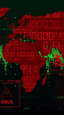 Virüs ve kötü amaçlı yazılım uyarılarını kırmızı ve yeşil olarak gösteren dijital dünya haritasının animasyonu. Siber güvenlik, teknoloji, küresel, ağ, internet