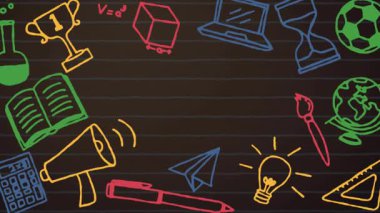 Elle çizilmiş okul simgeleri karatahtaya kayıyor, denklemler matematiği resmeden simgeler boyunca hareket ediyor. Eğitim, öğrenme, yenilik, yaratıcılık, sınıf, eğitim, kavram