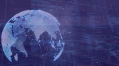 Gelişmekte olan Dünya küresinin dönmesi küresel bağlantıyı gösteren ağ yaylarını tetikler. Teknoloji, veri, dijital, iletişim, ağ, yenilik, bağlantı