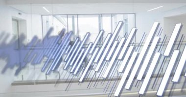 Animasyon parmaklıklar tıbbi koridoru süpürüyor tekerlekli sandalye rehberi hastayı iten kadını ortaya çıkarıyor. Sağlık, bakım, destek, yardım, modern, temiz, profesyonel