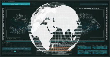 Başlangıçta, kıtaları ortaya çıkaran 3 boyutlu küre dönüşümlü olarak izleme verilerini güncelleyen paneller. Küreselleşme, veri görselleştirme, dijital arayüz, analitik, fütüristik, teknoloji, bağlantı