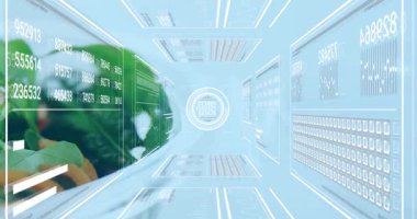 Neon tüneli boyunca ilerleyen kamera salata kasesi merkezde iken paneller beslenme taramasını güncelliyor. Fütürist, teknoloji, analitik, görselleştirme, sağlıklı, doğal, dijital arayüz