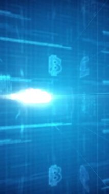 Bitcoins simgeleri ve bulut üzerinde veri işleme animasyonu. Teknoloji, iş ve dijital arayüz kavramı dijital olarak oluşturulmuş video.