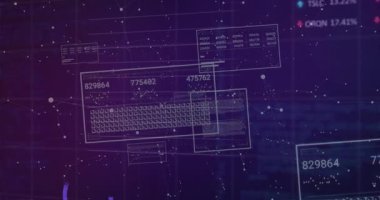 Mor yıldız alanında paneller soluyor, veriler güncelleniyor, grafikler dönüyor ve içgörü için yükseliyor. Teknoloji, veri görselleştirme, dijital ağ, fütüristik, analitik, soyut, yenilik