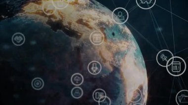 Başlangıçta, küresel bağlantıyı görselleştirmek için ortaya çıkan ve bağlanan simgelerle dönen 3D dünya. Gezegen, dijital, siber uzay, teknoloji, yenilik, ağ, bağlantı