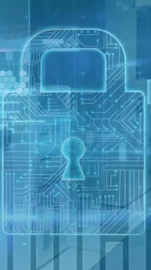 Animation of security padlock icon and data processing against computer server room. Cyber security and business data storage technology concept