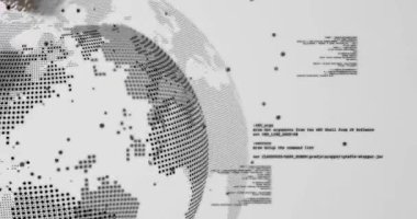 Noktalar ve kodlar içeri kayıyor, çam dalı dünyaya koni bırakırken dönen noktalı dünya. Soyut, dijital, minimalist, teknoloji, yenilik, siber, fütürist