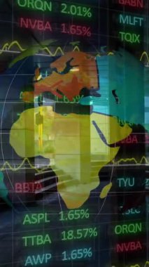 Animation of financial data processing over globe. Global business, finance, networks and data processing concept digitally generated video.