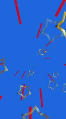 Amerika bayrağı, kırmızı çizgiler, mavi arka planda altın ve mavi yıldızların animasyonu. Vatanseverlik, bağımsızlık ve kutlama konsepti dijital olarak oluşturulmuş video.