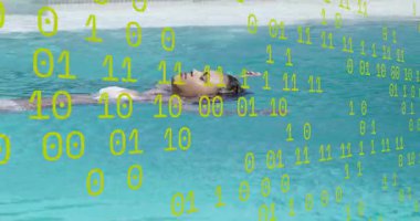 Havuzda yüzen genç kız rahatlatıcı nefes alıp verişi ikili akış teknolojisi gibi dalgalanmalara neden oluyor. Huzur, dinginlik, dijital alarm, rahatlık, su, fütüristik, sakinlik.