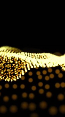 Siyah zemin üzerinde parlayan sarı parçacık ağının animasyonu. Bağlantı, ağ, enerji, hareket, işlem, veri ve iletişim, dijital olarak oluşturulmuş video.