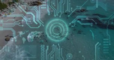 İnsansız hava aracı panelleri HUD kaplamasını etkinleştiriyor. Veri görselleştirmesi için kıyı şeridini canlandırıyor. Kıyı, gelecekçi, analitik, teknoloji, eğlence, macera, görselleştirme