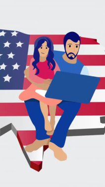 Beyaz arka planda Amerika Birleşik Devletleri bayrağıyla baba ve kızının haritada canlandırılması. Amerikan bağımsızlığı, gelenek ve kutlama konsepti dijital olarak oluşturulmuş video.