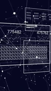 Karanlık arkaplan üzerinde veri işleme ekranlarının animasyonu. Küresel finans, iş, bağlantılar, hesaplama ve veri işleme kavramı dijital olarak oluşturulmuş video.