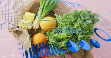 Pembe yüzeyde dinleniyor, yukarı doğru kayan mavi çizelgeleri gösteren bir çuval bezi üretiyor. Organik, tazelik, sağlık, veri görselleştirme, teknoloji, modern, minimalist