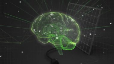 Başlangıçta yeşil üç boyutlu beyin modeli tanılama için veri simgeleri olan bölgeleri döndürüyor ve haritalandırıyor. Nöroloji, yapay zeka, dijital, fütüristik, görselleştirme, teknoloji, bağlantı