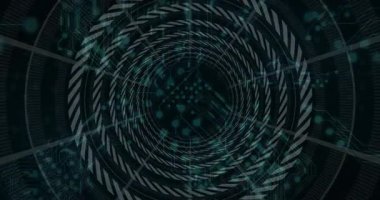 Başlangıçta dijital tünel dönüşünde, parlayan devre düğümleri içe doğru sürüklenerek solucan deliği illüzyonu oluşturur. Fütürist, soyut, teknoloji, siber, dijital, hareket, bilim