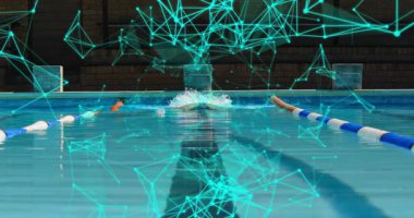 Yüzücü nefes almak için yukarı doğru hareket ediyor. Şerit iplerinde. Teknoloji ağı titreşimli turkuazları örtüyor. Sporcu, su sporu, fitness, teknoloji, spor, hareket, ekipman