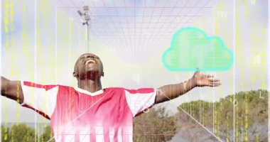 Sarı veriler futbolcunun arkasında birleşiyor. Teknolojik bulut simgesini başlatıyorlar. Kollarını kaldırıyor gibi görünüyorlar. Dayanıklılık, yenilik, dijital, bağlantı, motivasyon, atletizm, gelecekçilik