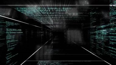 Kamera, veri akışını vurgulamak için kaydırma ızgara panellerinde yavaş ilerleyen bir tünel girişi algılıyor. Fütürist, dijital, teknoloji, siber, soyut, canlı, sanal