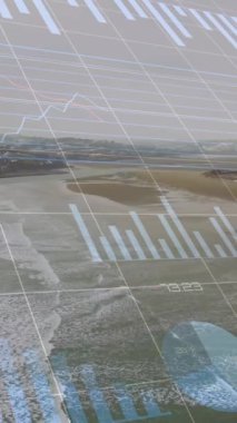 Deniz manzarası üzerindeki finansal grafiklerin ve verilerin animasyonu. küresel ekonomi, finans, sürdürülebilirlik ve doğa konsepti dijital olarak oluşturulmuş video.