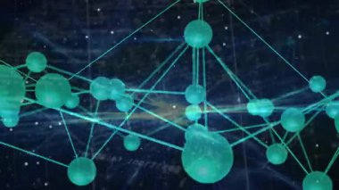 Kod kaydırma işlemi yeşil kürelerin ağ etrafında dönmesine ve titreşimlerin veri akışını göstermesine neden olur. Teknoloji, veri görselleştirme, dijital ağ, fütüristik, soyut, bağlantı, siber