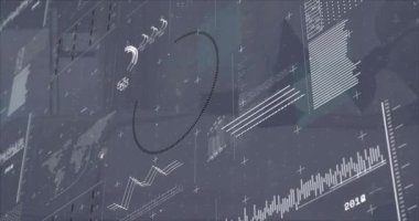 Noktalı dairesel kaplama, grafikler çizildikçe Güney Amerika 'ya odaklanıyor, çubuklar sallanıyor, paneller geri çekiliyor. Dijital, analitik, görselleştirme, arayüz, teknoloji, veri, geleceksel