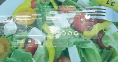 Zamanlayıcı tetikleyicili HUD paneller salata tabağında kayboluyor, grafikler ve simgeler besinleri görselleştiriyor. Sağlık, teknoloji, yenilik, analitik, dijital, veri görselleştirme, refah