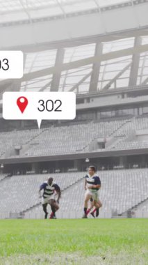 Stadyumda oynayan çeşitli erkek rugby oyuncularının medya simgelerinin canlandırılması. küresel iş, spor ve dijital arayüz kavramı dijital olarak oluşturulmuş video.