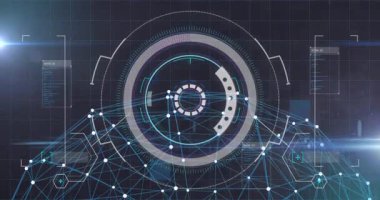 Şebekede ortaya çıkan düğümler HUD arayüzü oluşturuyor, halkalar doluyor, repartikül taraması yapılıyor, verileri görselleştiriyor. Fütürist, teknoloji, arayüz, dijital, görselleştirme, siber, yüksek teknoloji